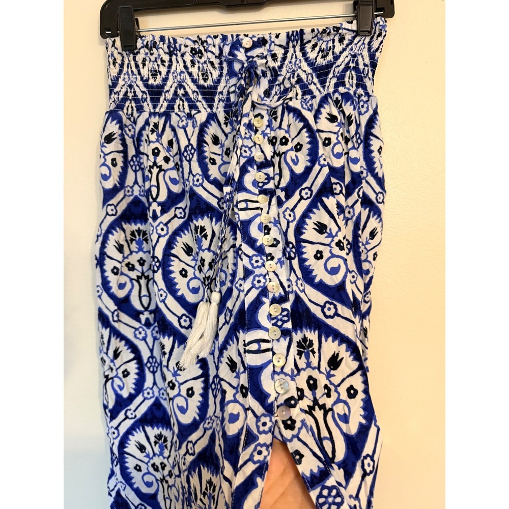 Haute Hippie Women Maxi Skirt M Blue White Medallion Tassel Boho Festival Button - Picture 3 of 7